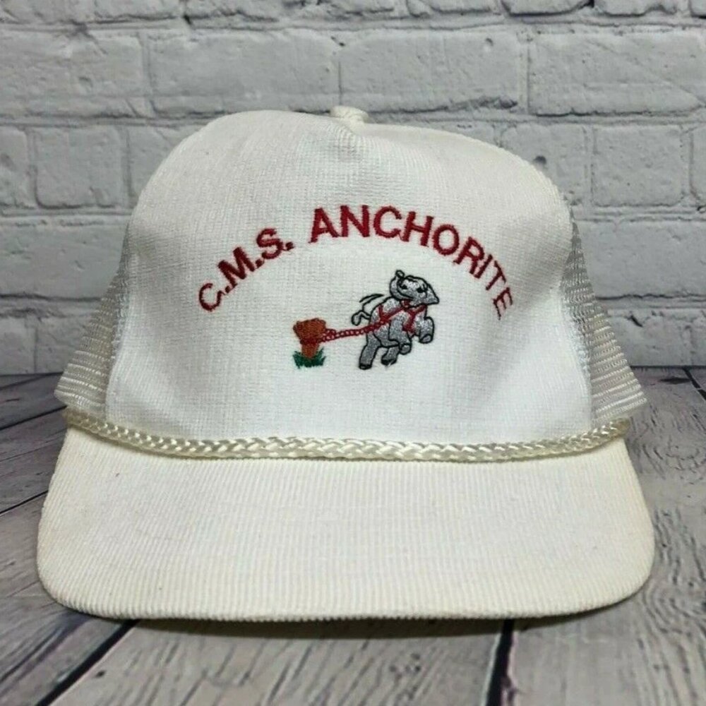 Vintage Hat Cap Snapback White Corduroy C.M.S. Anchorite Consulting Trucker Mesh